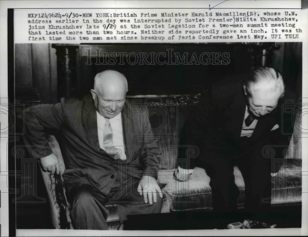 1960 Press Photo Harold Macmillan sits with Nikita Khrushchev, Soviet Legation - Historic Images