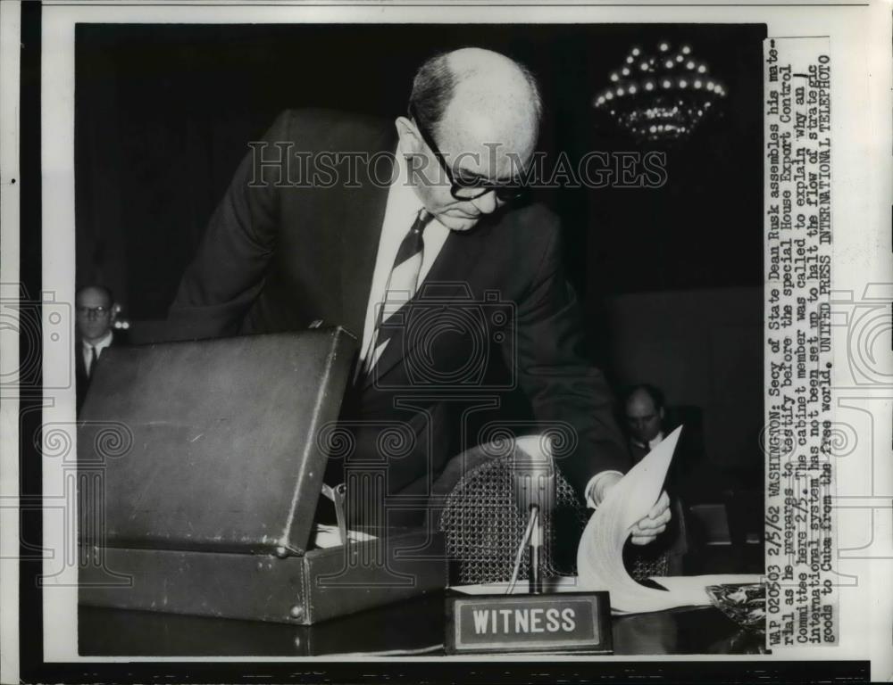 1962 Press Photo Dean Rusk, testifies before House Export Control Committee - Historic Images