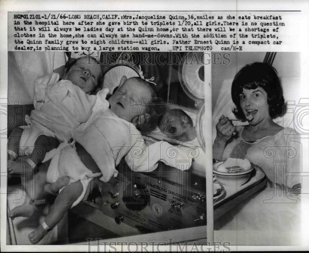 1966 Press Photo Mother Jacqueline Quinn in Hospital with Newborn Baby Triplets - Historic Images