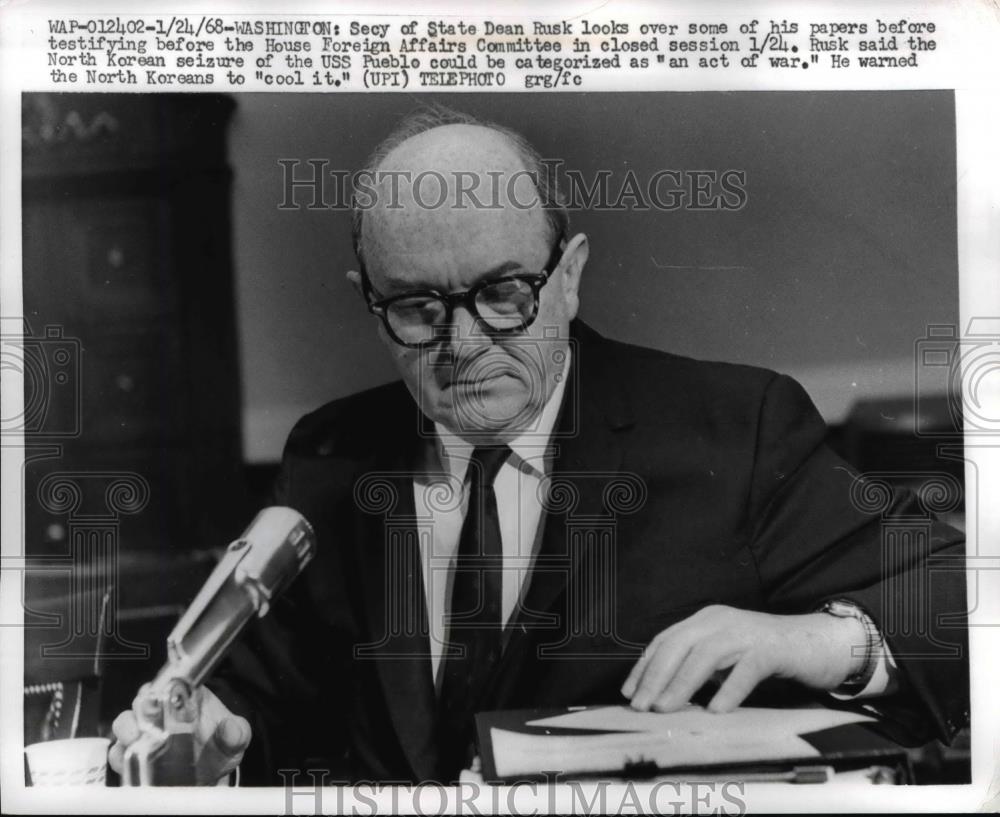 1968 Press Photo Secretary of State Dean Rusk Testifies in Washington D.C. - Historic Images