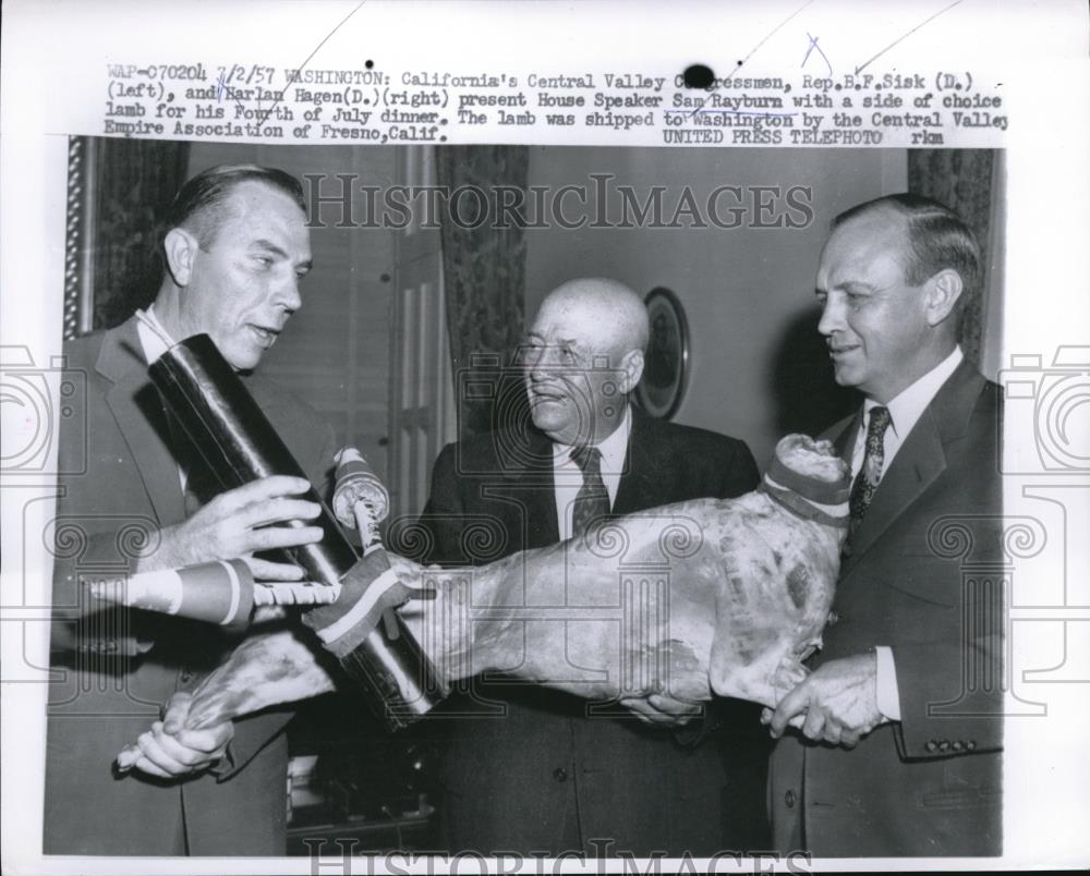 1957 Press Photo Rep.B.F.Sisk and Harlan Hagen with House Speaker Sam Rayburn - Historic Images