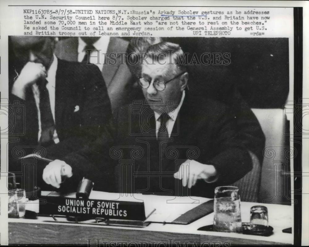 1958 Press Photo Arkady Sobolev Addresses UN Security Council - nee30212 - Historic Images