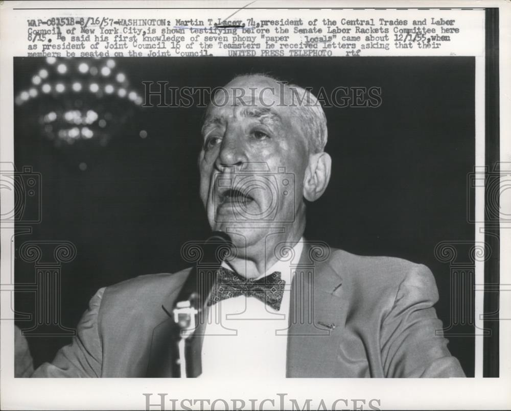 1957 Press Photo Martin T. Lacey testifies before Senate Labor Rackets Comittee - Historic Images