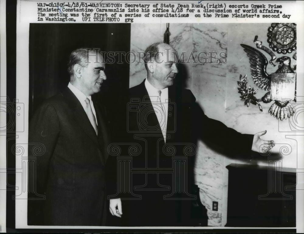 1961 Press Photo Secretary of State Dean Rusk &amp; Greek Prime Minister Caramanlis - Historic Images