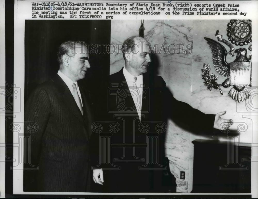 1961 Press Photo Secretary of State Dean Rusk & Greek Prime Minister Caramanlis - Historic Images