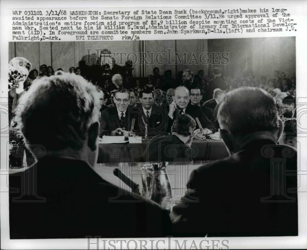 1968 Press Photo Dean Rusk appears before senate foreign relations committee - Historic Images