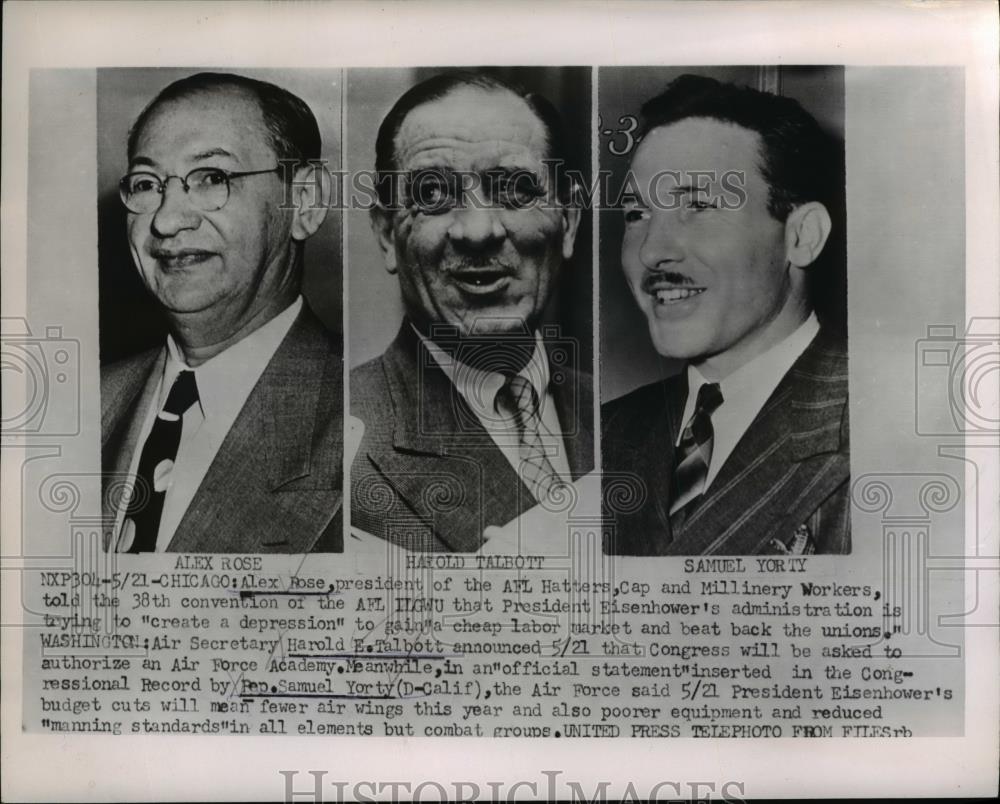 1953 Press Photo Alex Rose Harold E. Talbott, Samuel Yorty, Chicago Illinois - Historic Images