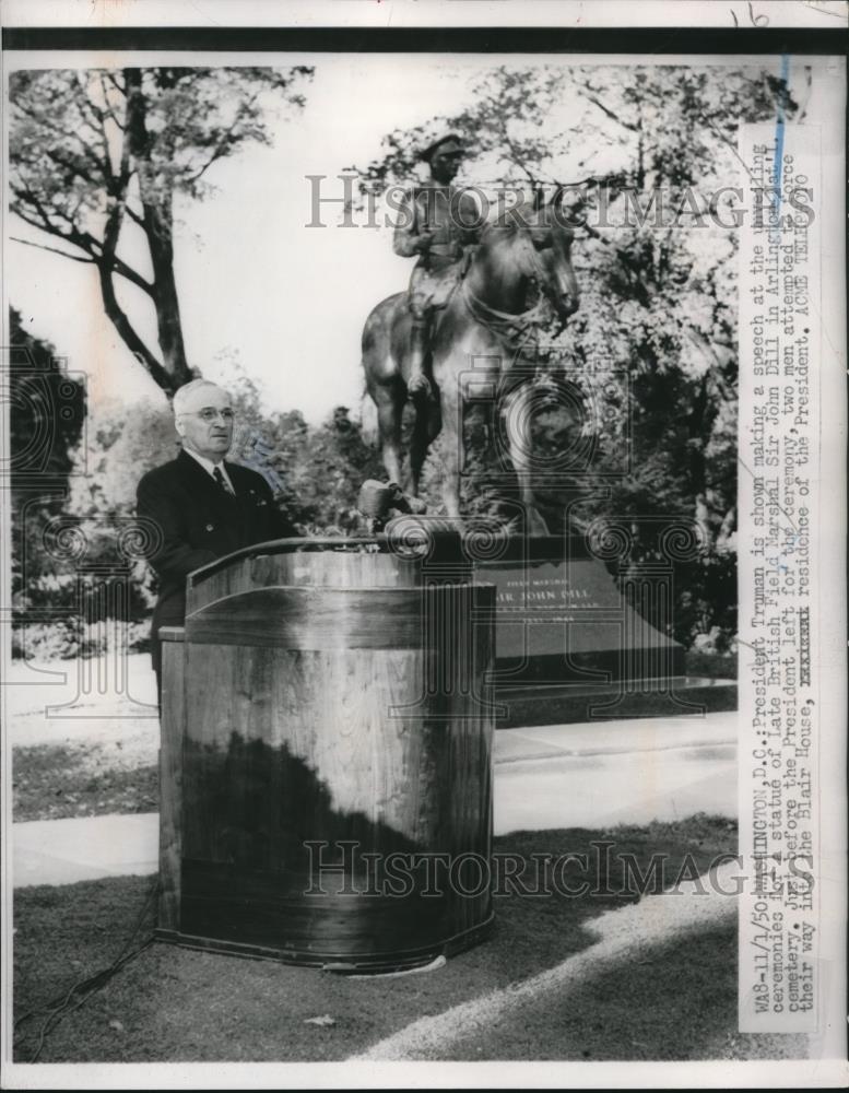 1950 Press Photo President Truman  during the unveiling ceremony - Historic Images