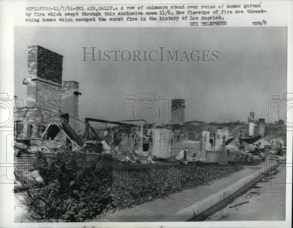 1961 Press Photo Row of Chimneys Stand After a Fire in a Home in Los Angeles - Historic Images