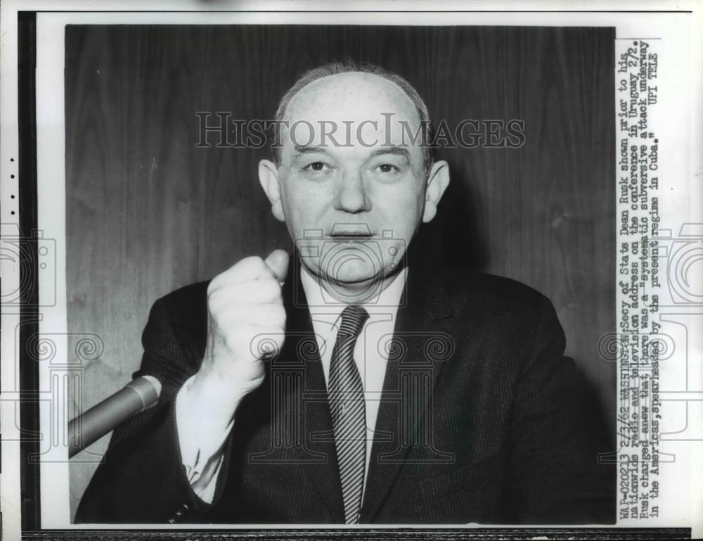 1962 Press Photo Secretary of State Dean Rusk Addresses Topic of Uruguay - Historic Images