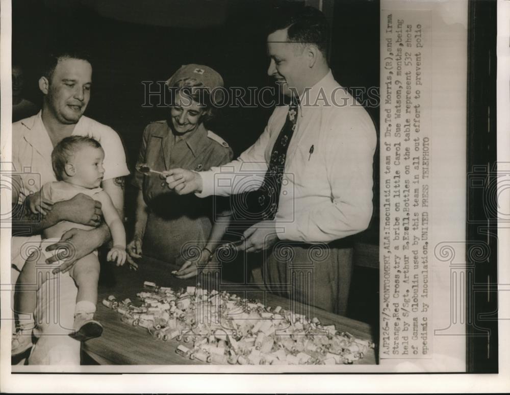 1953 Press Photo Dr. Ted Morris, Carol Sue Watson &amp; Irma Strange from Red Cross - Historic Images