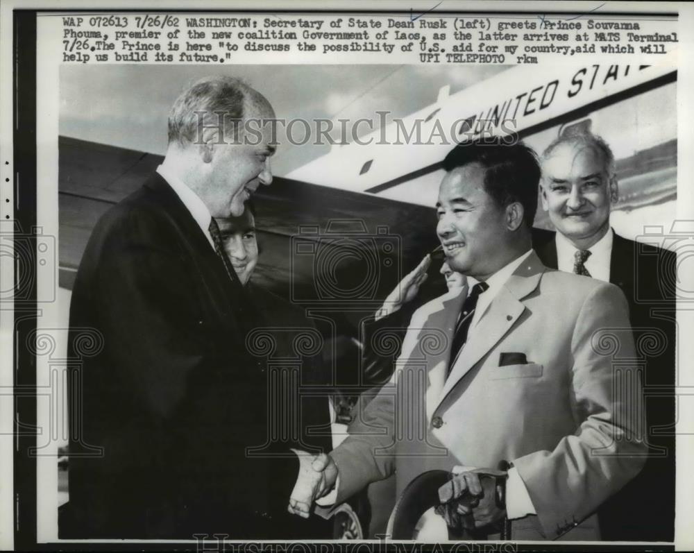 1962 Press Photo US Secretary of State Dean Rusk &amp; Prince Souvanna Phoum - Historic Images