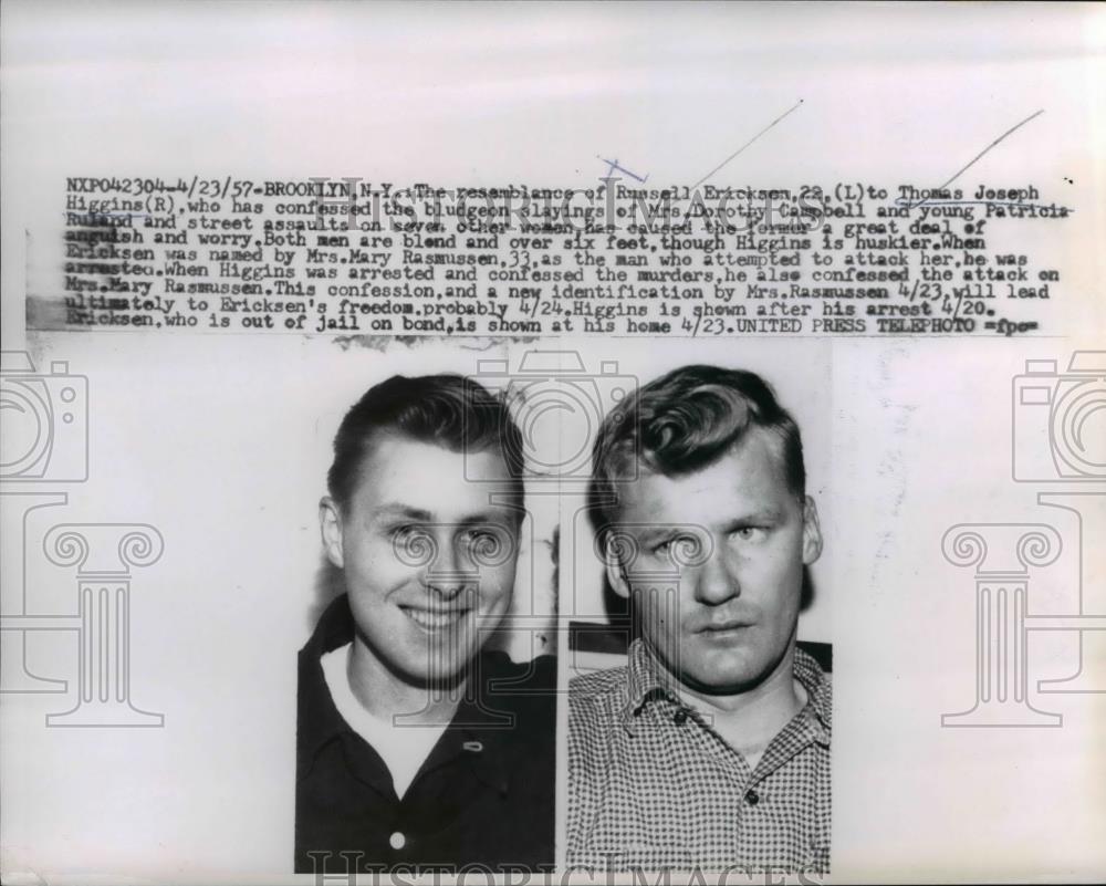 1957 Press Photo Russell Ericksen Confused with Murderer Thomas Higgins New York - Historic Images