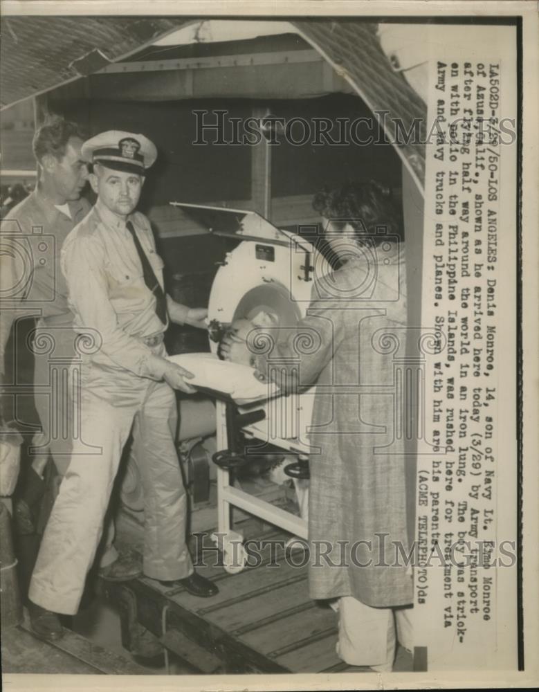 1950 Press Photo Boy Polio Victim Denis Monroe Transported in Iron Lung - Historic Images