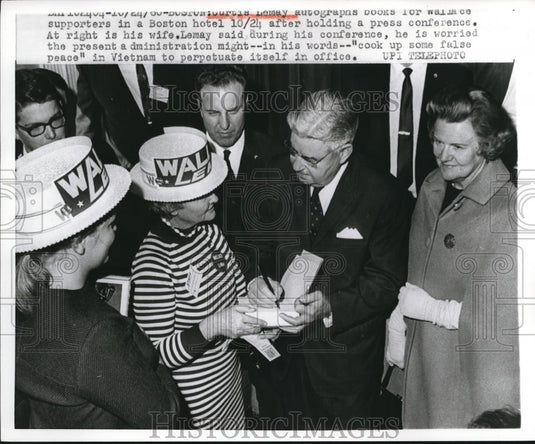 1968 Press Photo Curtis LeMay & Supporters in Boston Hotel News Conference - Historic Images