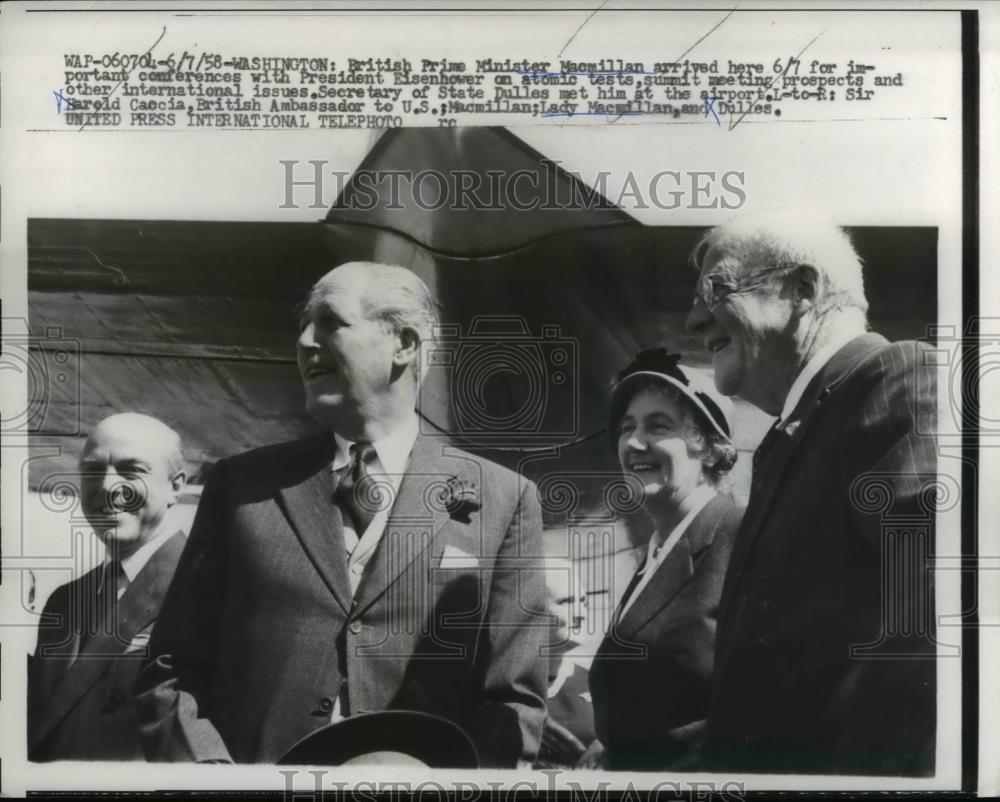 1958 Press Photo British Premier Harold Mamillian, Dulles and Lady Macmillan - Historic Images