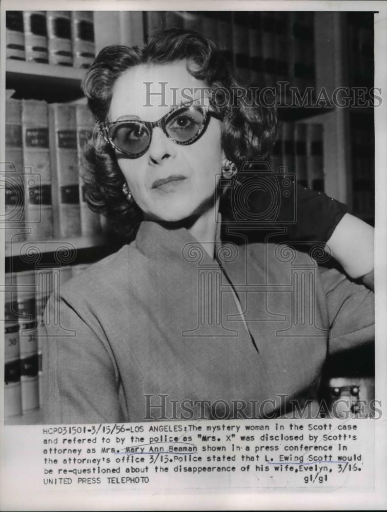 1956 Press Photo Mrs. Mary Ann Beaman, mystery woman in the Scott case - Historic Images