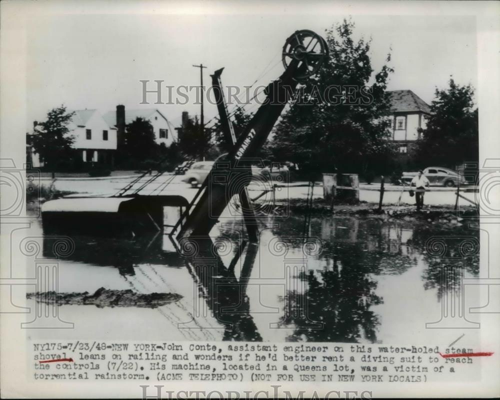 1948 Press Photo Steam Shovel Submerged in Flood Waters, New York - nee34927 - Historic Images