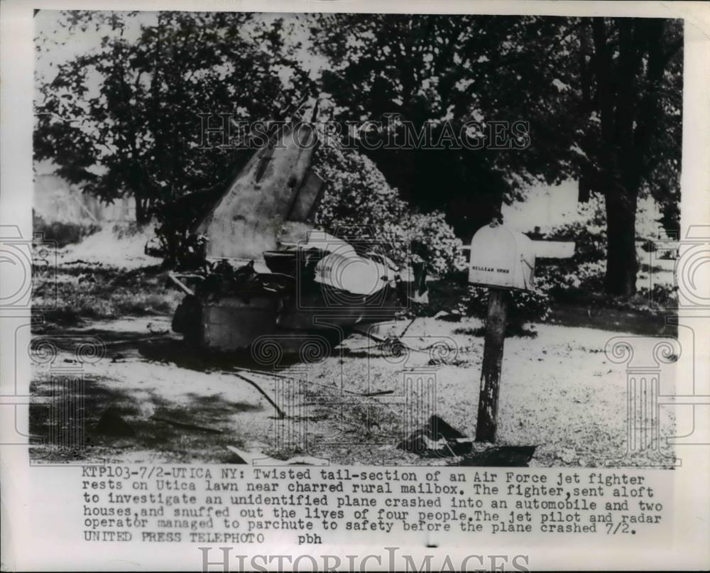 1954 Press Photo Tail Section of Air Force Jet Fighter in Untica NY Residential - Historic Images