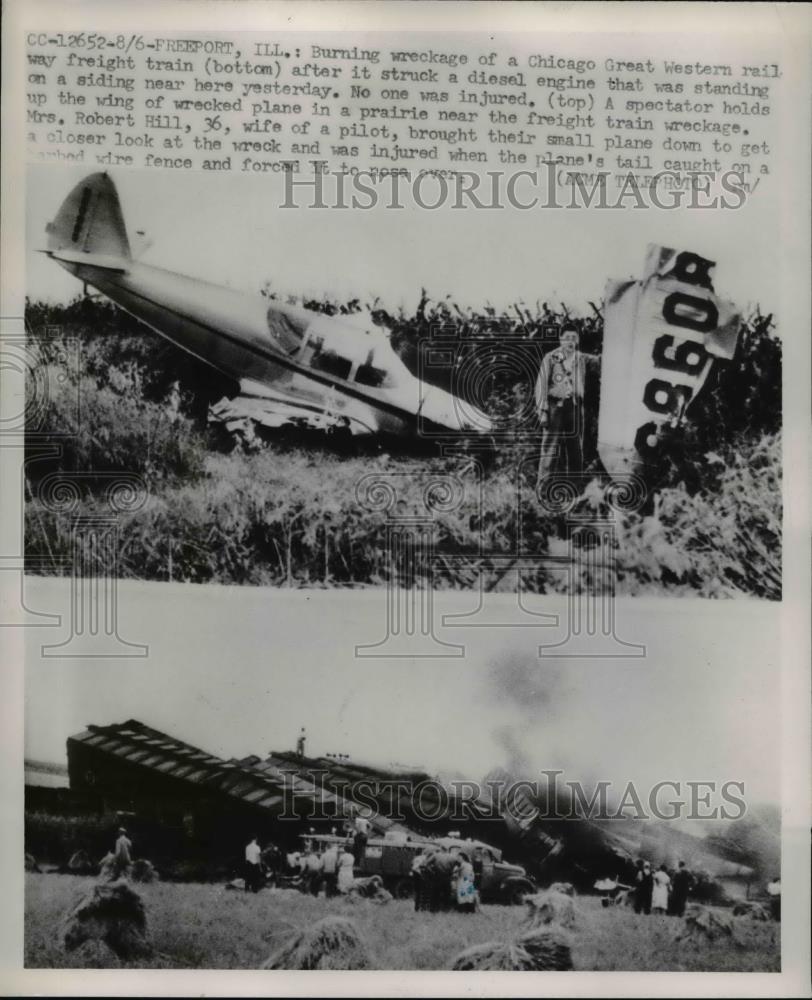 1951 Press Photo Burning Wreckage of Chicago Western Rail Way Freight Train - Historic Images