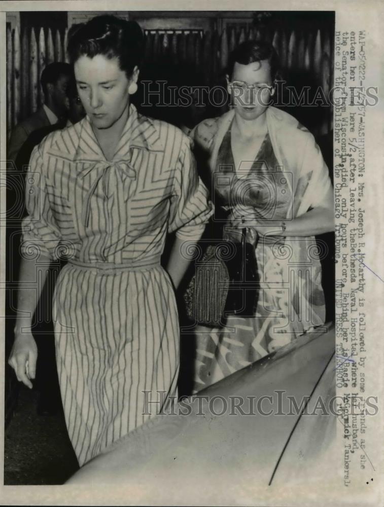 1957 Press Photo Mrs Joseph McCarthy Leaving Hospital After Husband Died - Historic Images