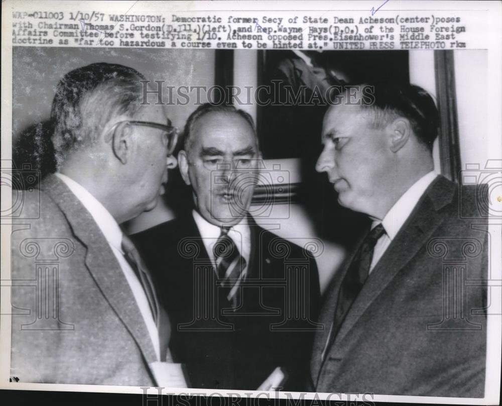 1957 Press Photo State Dean Acheson with Chairman Thomas S Gordon and Wayne Hays - Historic Images