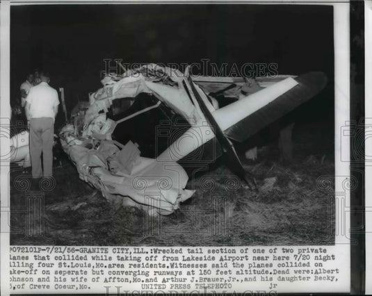 1956 Press Photo Albert Johnson & Arthur Brauer Jr Die Plane Wreck Granite City - Historic Images