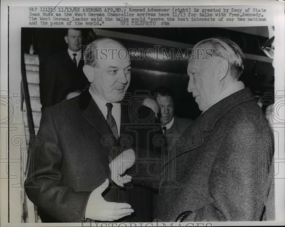 1962 Press Photo Dean Rusk greets Konrad Adenauer to Andrews Air Force Base - Historic Images