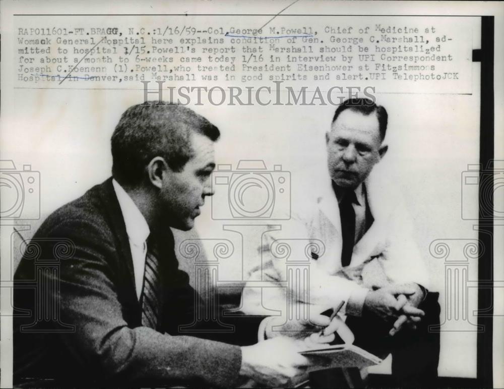 1959 Press Photo Col. George M. Powell explains Health of George Marshall - Historic Images