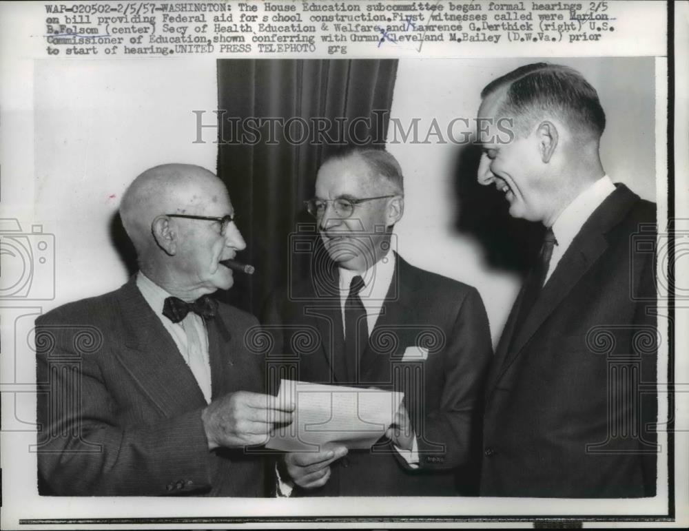 1957 Press Photo Marian B. Folsom; Lawrence G. Derthiek; Cleveland M. Bailey - Historic Images