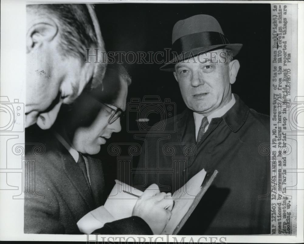 1961 Press Photo US Secretary of State Dean Rusk at Andrews Air Force Base - Historic Images