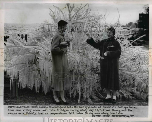 1954 Press Photo Joanne Boehm & Lois Moriarity look over wintry scene near Lake - Historic Images