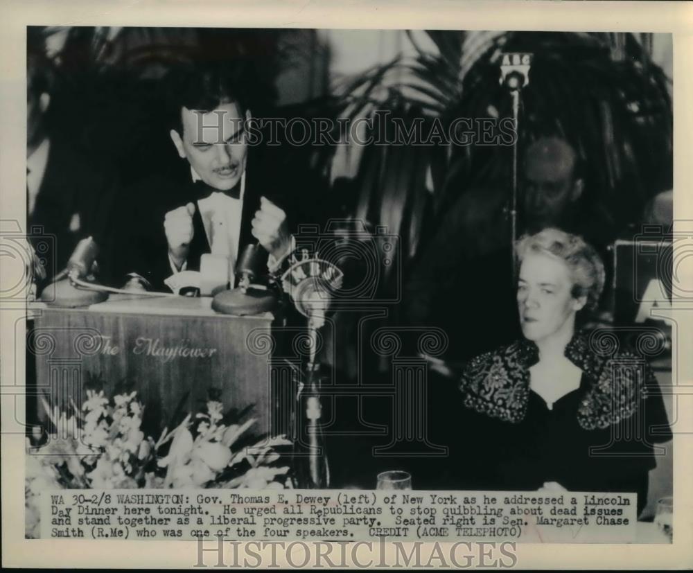 1949 Press Photo Gov.Thomas Dewey and Sen.Margaret Chase at a Lincoln Day Dinner - Historic Images