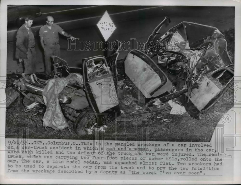 1955 Press Photo Wreckage of Car in Car Truck Accident That Killed 2 Dead - Historic Images