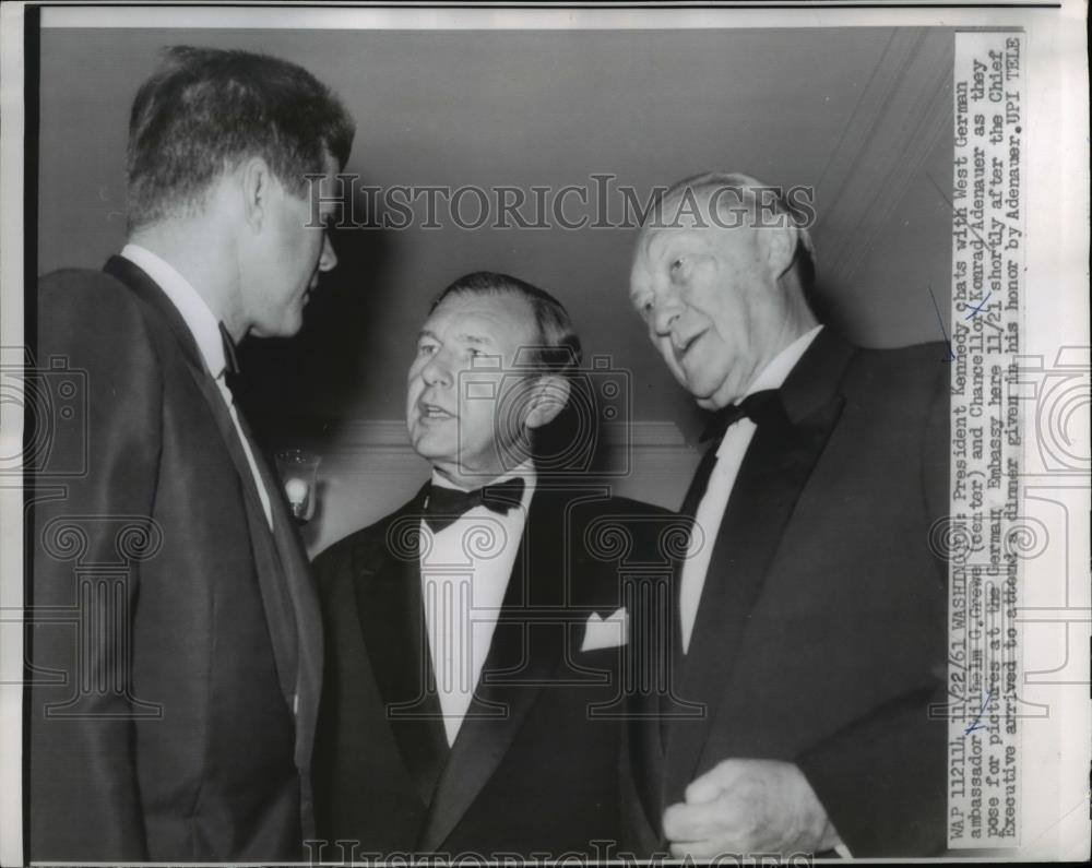 1961 Press Photo Pres. Kennedy, Wilhelm G. Grewe &amp; Chancellor Konrad Adenauer - Historic Images