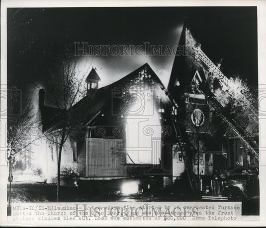 1948 Press Photo Five Alarm Fire started by Overheated furnace at Church - Historic Images