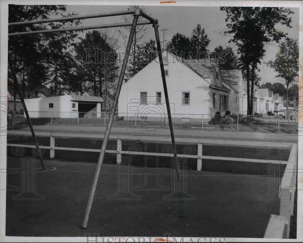 1956 Press Photo Sets of Swings installed Euclid&#39;s Russel Erwine Elementary - Historic Images