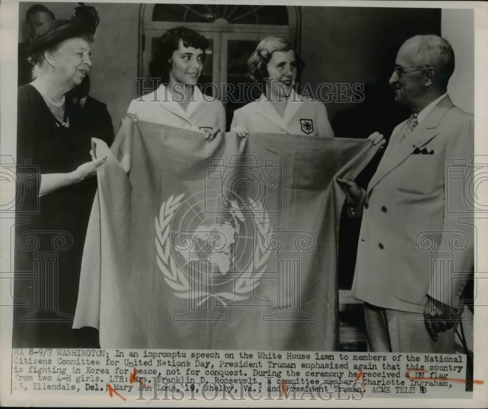 1950 Press Photo Mrs. Franklin D. Roosevelt, Charlotte Ingraham,Pres Turman, - Historic Images