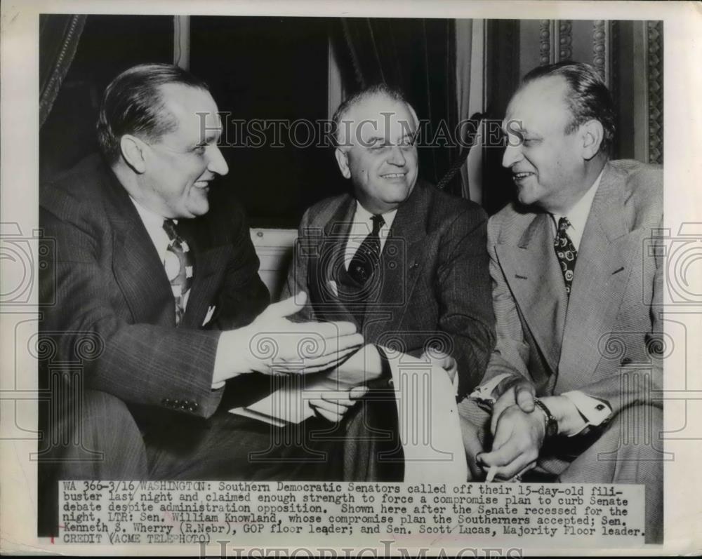 1949 Press Photo Sen. William Knowland, Sen. Kenneth Wherry &amp; Sen. Lucas - Historic Images