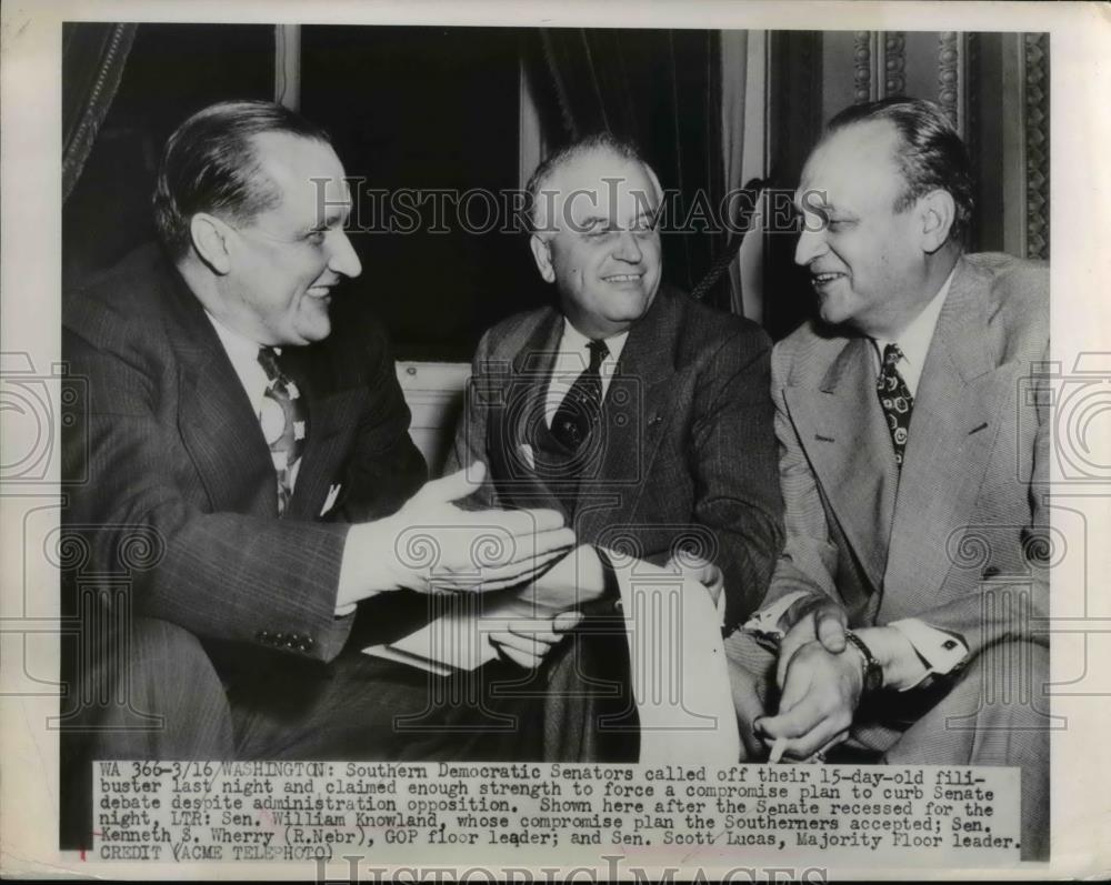 1949 Press Photo Sen. William Knowland, Sen. Kenneth Wherry & Sen. Lucas - Historic Images