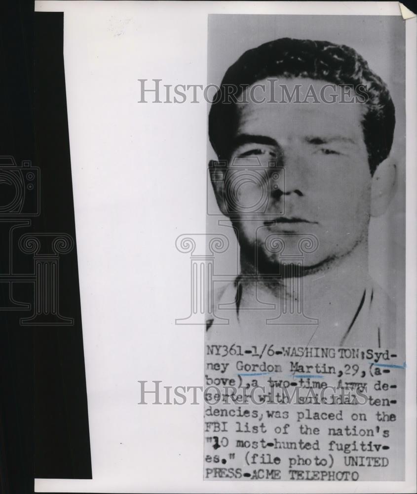 1952 Press Photo Sydney Gordon Martin wanted by FBI for Army Desertion - Historic Images