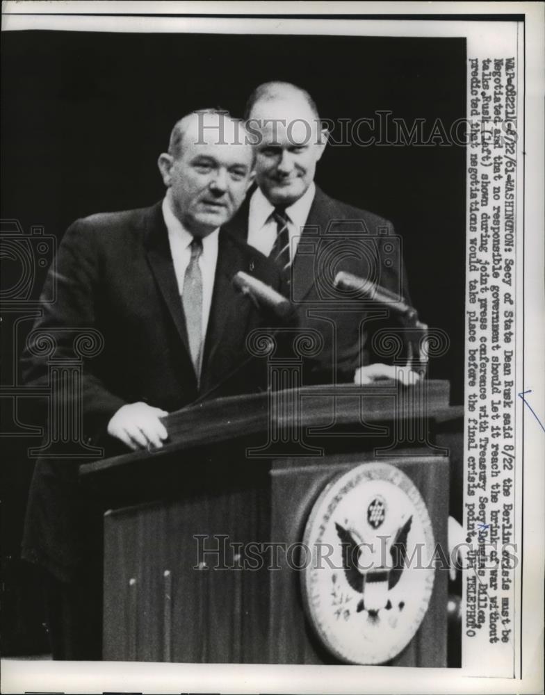 1961 Press Photo Secy of State Dean Rusk, Douglas Dillen at press conference - Historic Images