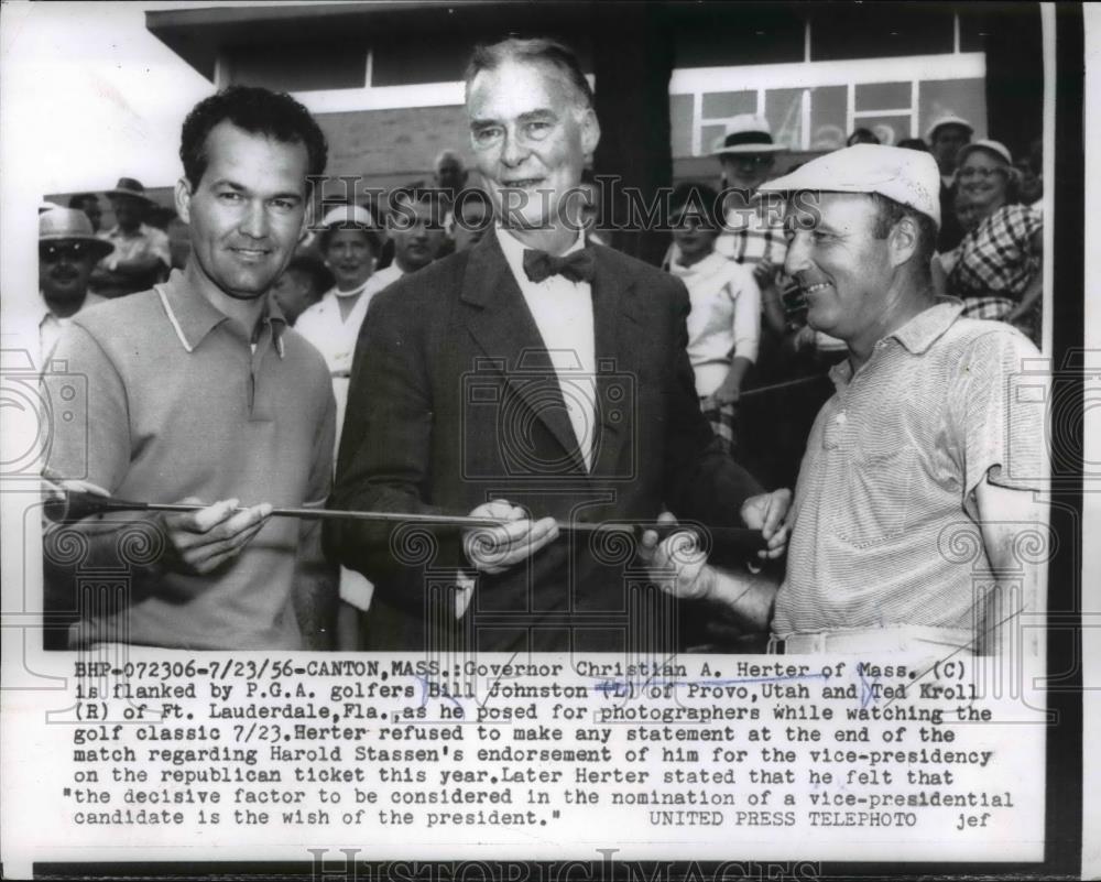 1956 Press Photo Gov. Christian A. Herter, PGA golfers Bill Johnston, Ted Kroll - Historic Images