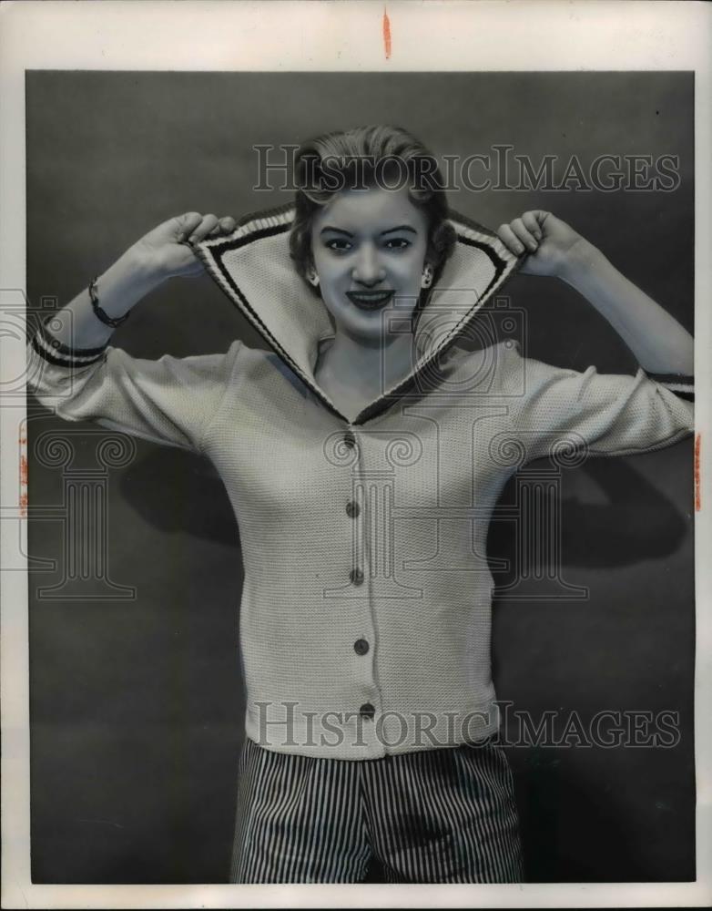 1954 Press Photo Model Wears Smartee White Cotton Knit Jacket w Sailor Collar - Historic Images