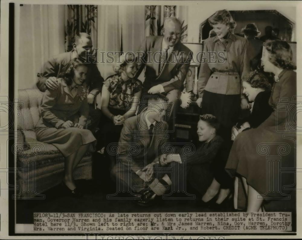 1948 Press Photo California Governor Earl Warren &amp; Family Hear Election Results - Historic Images