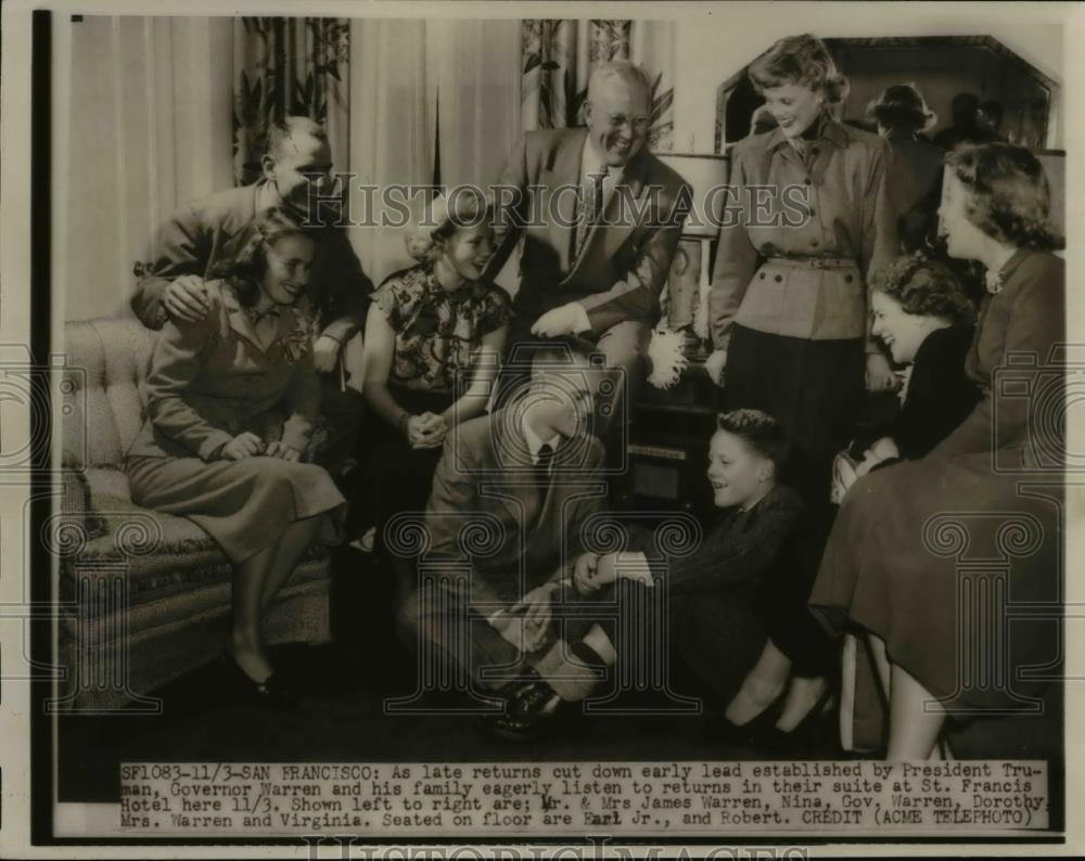 1948 Press Photo California Governor Earl Warren & Family Hear Election Results - Historic Images