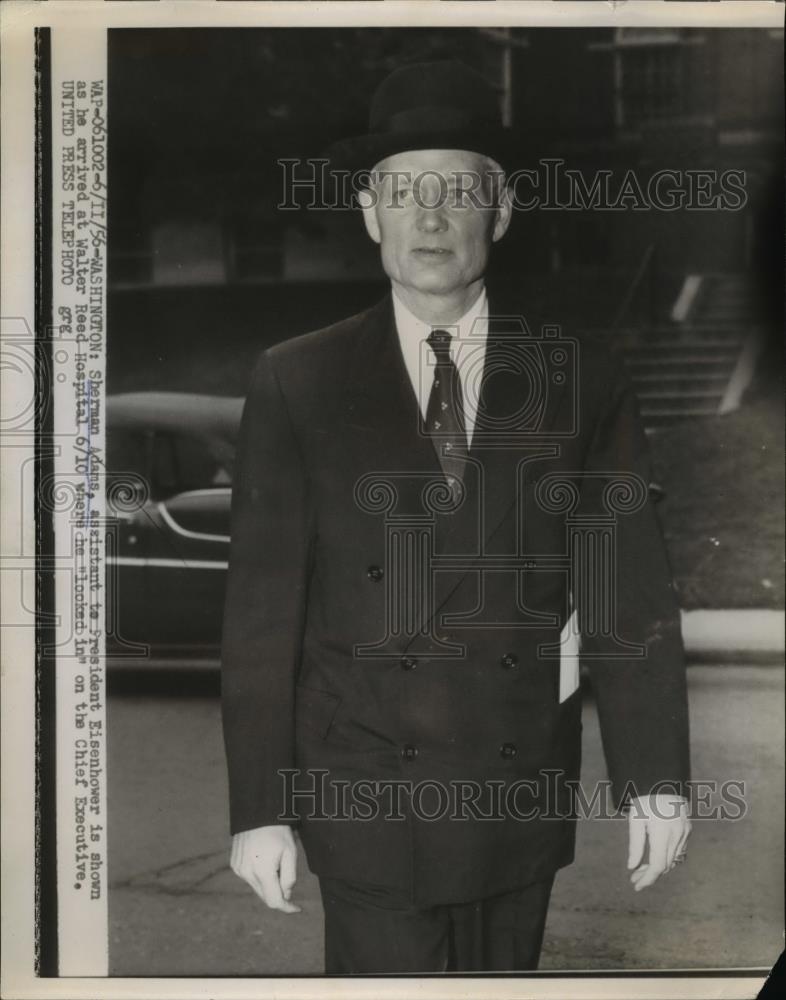 1956 Press Photo of Sherman Adams arriving at Walter Reed hospital . - Historic Images