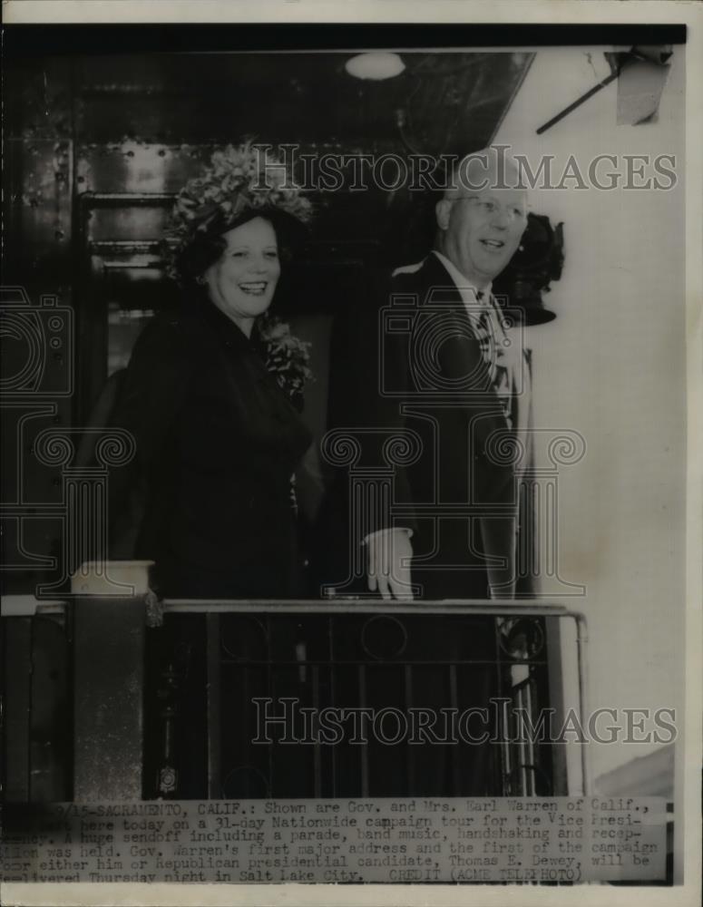 1948 Press Photo Sacramento Gov and Mrs Earl Warren on 31 day campaign tour. - Historic Images