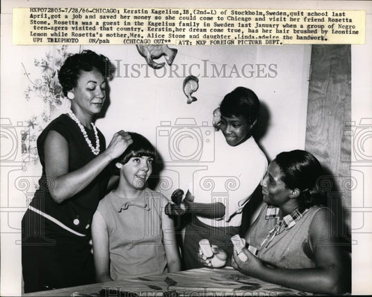 1966 Press Photo Swedish Girl Has Hair Braided While Visiting Friend in Chicago - Historic Images