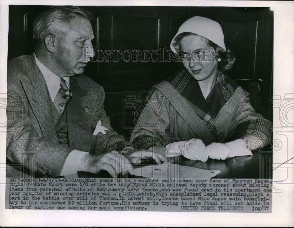 1955 Press Photo Maureen Ragen, Myron Wisch Montgomery Ward Thorne found dead - Historic Images